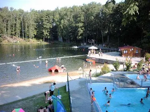 the house near the lake and swimming poo